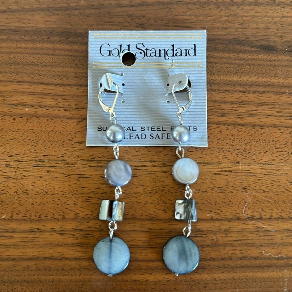 Shades of gray bohemian style multi material dangle pierced earrings. New.